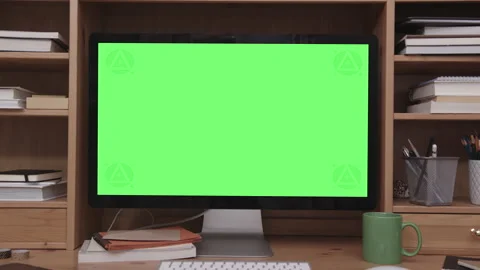 Desktop Computer with Green Screen in Home Office Interior Video stock 172011776