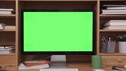 Desktop Computer with Green Screen in Home Office Interior Stock Footage 172132054