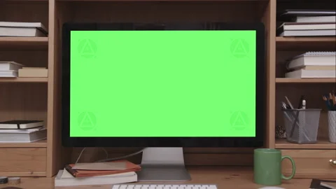 Desktop Computer with Green Screen in Home Office Interior Video stock 172205232