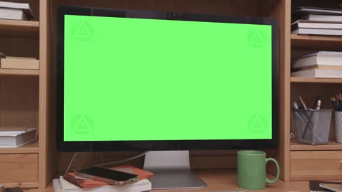 Desktop Computer with Green Screen in Home Office Interior Video stock 172299713