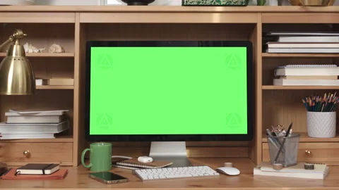 Desktop Computer with Green Screen in Home Office Interior Video stock 180418379