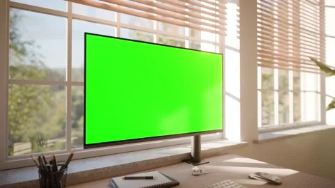 Desktop Computer Green Screen Mockup in Bright Modern Office Stock Footage 340543576