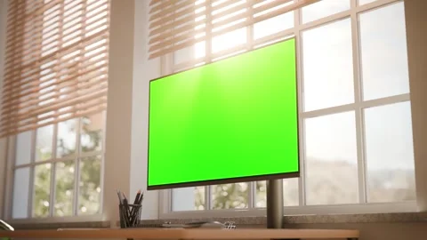 Desktop Computer Green Screen Mockup in Bright Modern Office Stock Footage 340543577