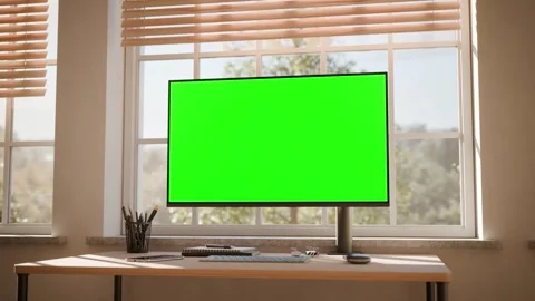 Desktop Computer Green Screen Mockup in Bright Modern Office Stock Footage 340543587