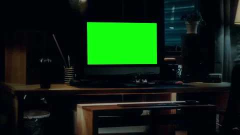 Desktop Computer Green Screen Nighttime Workplace Zoom In PC Stock-Footage 251744015