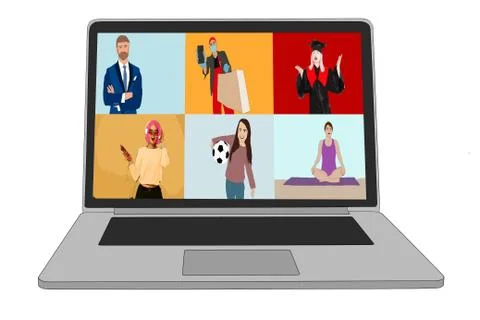 Desktop computer with group of colleagues taking part in video conference. So Stock Illustration