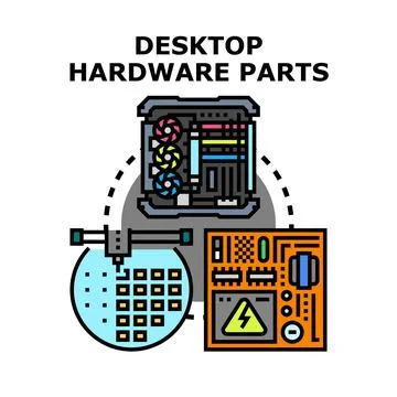 Desktop computer hardware parts assembling and manufacturing process concept 库存插图