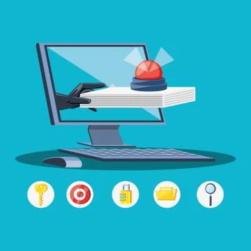 Desktop computer with icons cyber security Stock Illustration