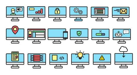 Desktop Computer Icons Set with Soft Colors Stock Illustration
