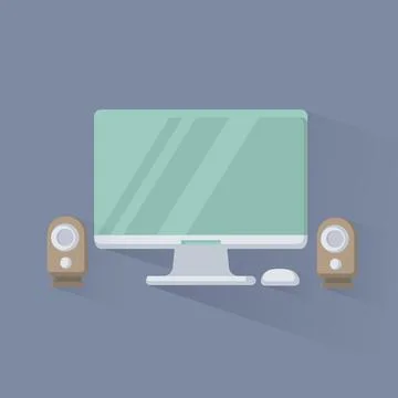 Desktop computer isolated display icon and speakers on gray background Stock Illustration
