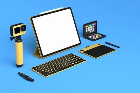 Desktop computer with keyboard, action camera and digital tablet on blue Illustrazione stock