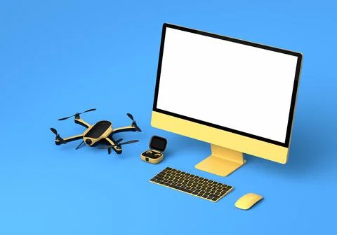 Desktop computer with keyboard, mouse, drone and controller on blue backgroun Stock Illustration
