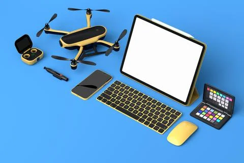 Desktop computer with keyboard, mouse, drone and controller on blue backgroun Stock Illustration
