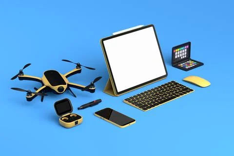 Desktop computer with keyboard, mouse, drone and controller on blue backgroun Stock Illustration