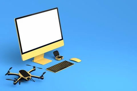 Desktop computer with keyboard, mouse, drone and controller on blue backgroun Illustrazione stock