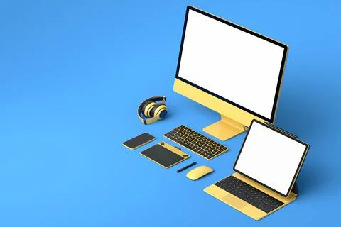 Desktop computer with keyboard, mouse, laptop and headphones on blue backgrou Stock Illustration