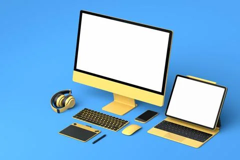 Desktop computer with keyboard, mouse, laptop and headphones on blue backgrou Illustrazione stock