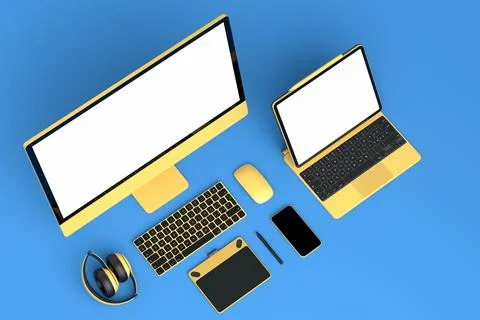 Desktop computer with keyboard, mouse, laptop and headphones on blue backgrou Stock Illustration