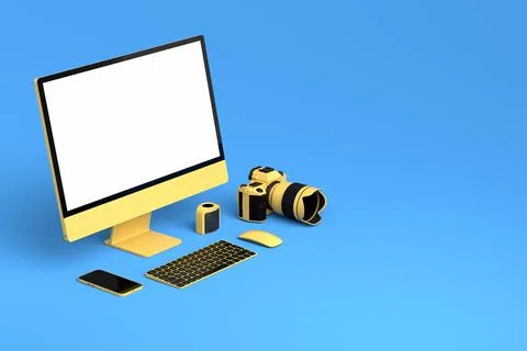 Desktop computer with keyboard, mouse, phone and DSLR camera on blue backgrou Stock Illustration