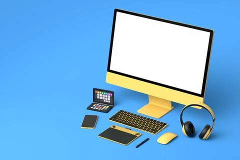 Desktop computer with keyboard, mouse, phone and headphones on blue backgroun Stock Illustration