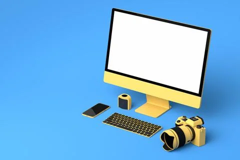 Desktop computer with keyboard, mouse, phone and DSLR camera on blue backgrou Illustrazione stock
