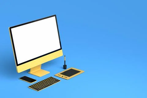 Desktop computer with keyboard, phone and digital tablet on blue background. Illustrazione stock