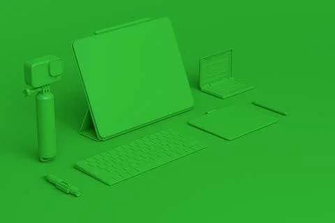 Desktop computer with keyboard, tablet, drone and action camera on monochrome Illustrazione stock