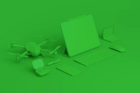 Desktop computer with keyboard, tablet, drone and DSLR camera on monochrome Illustrazione stock