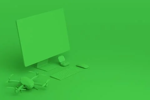 Desktop computer with keyboard, tablet, drone and DSLR camera on monochrome Stock Illustration