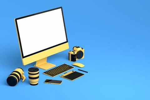 Desktop computer with keyboard, tablet, phone and DSLR camera on blue backgro Illustrazione stock