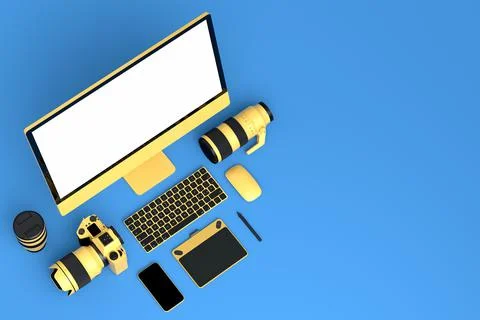 Desktop computer with keyboard, tablet, phone and DSLR camera on blue backgro Illustrazione stock