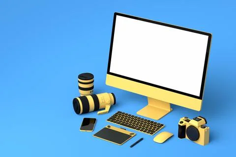 Desktop computer with keyboard, tablet, phone and DSLR camera on blue backgro Stock Illustration