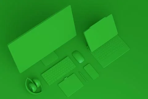Desktop computer with keyboard, tablet, phone and DSLR camera on monochrome Illustrazione stock