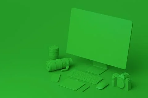 Desktop computer with keyboard, tablet, phone and DSLR camera on monochrome Illustrazione stock