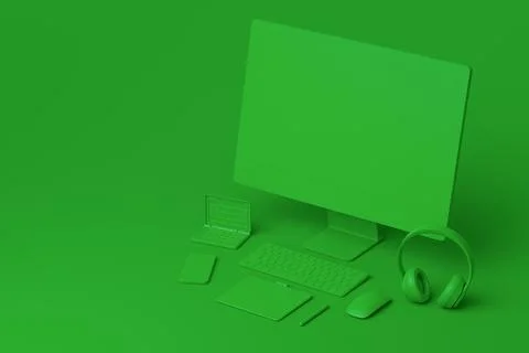 Desktop computer with keyboard, tablet, phone and DSLR camera on monochrome Illustrazione stock