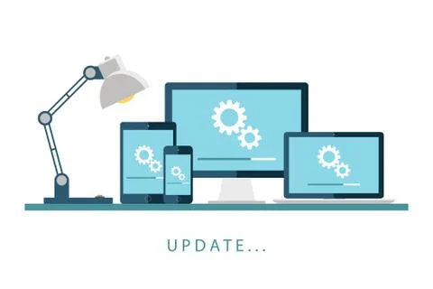 Desktop computer, laptop, tablet and smartphone with update screen. Stock Illustration