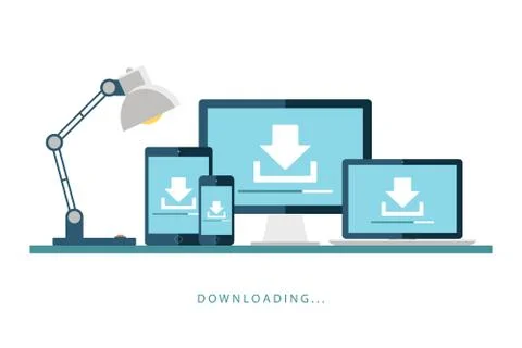 Desktop computer, laptop, tablet and smartphone with downloading screen. Illustrazione stock