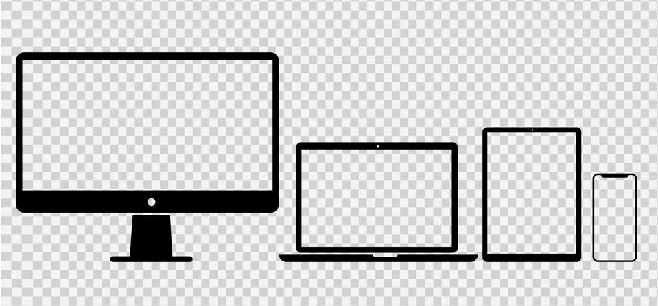 Desktop computer, laptop, tablet, smart phone icons with blank screen isolate Stock Illustration