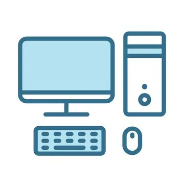 Desktop computer lineal blue icon isolated on white. Illustrazione stock