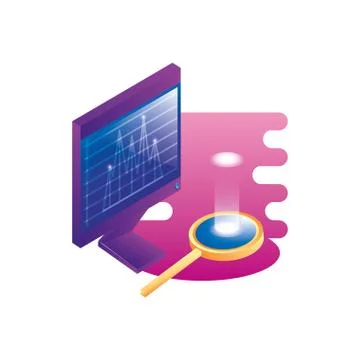 Desktop computer with magnifying glass Illustrazione stock