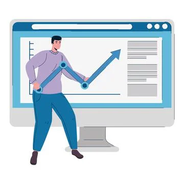 Desktop computer with man lifting statistics arrow Stock Illustration