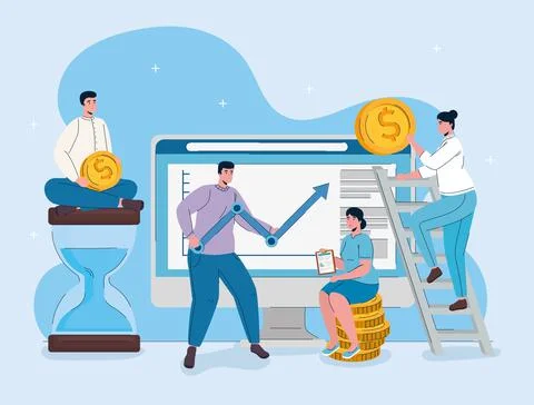 Desktop computer with man lifting statistics arrow and business people Illustrazione stock