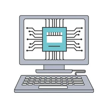Desktop computer with microchip isolated icon Ilustración de archivo