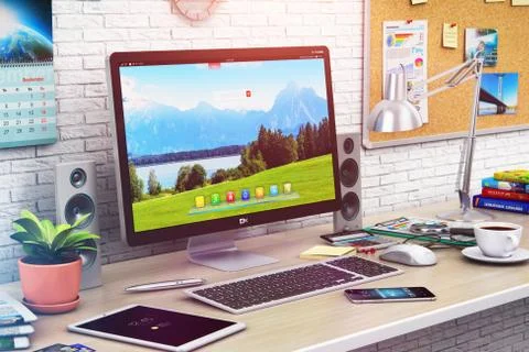 Desktop computer in modern office or home workspace Illustrazione stock