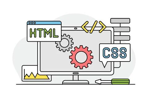 Desktop Computer Monitor with Coding as Programmed Machine for Operation Vector Stock Illustration