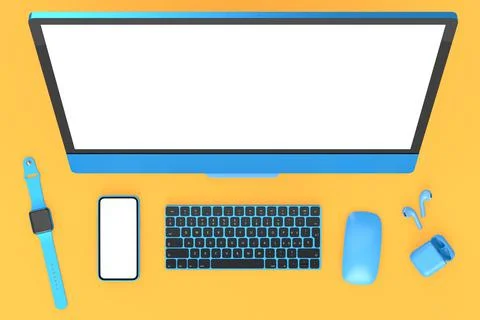 Desktop computer with mouse, smartwatch, phone and headphones on yellow Stock Illustration