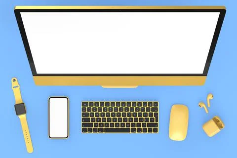 Desktop computer with mouse, smartwatch, phone and headphones on blue Ilustración de archivo