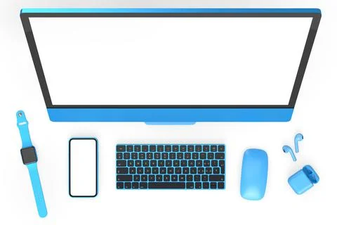 Desktop computer with mouse, smartwatch, phone and headphones on white Ilustración de archivo