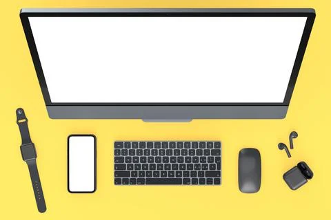 Desktop computer with mouse, smartwatch, phone and headphones on yellow Stock Illustration