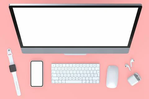 Desktop computer with mouse, smartwatch, phone and headphones on pink Stock Illustration